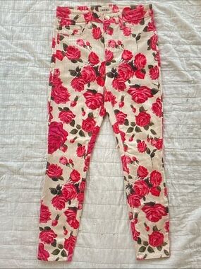 L'AGENCE Cream Corduroy Ankle Jeans with Red Rose Print